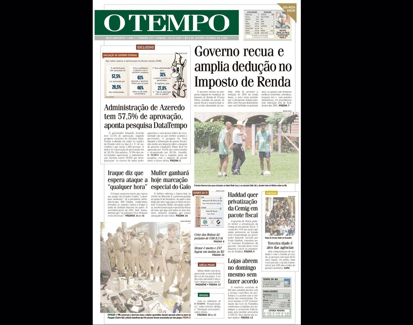 ALT Capa do jornal O TEMPO no dia 15111997; resgate do acervo marca as comemorações dos 25 anos da publicação