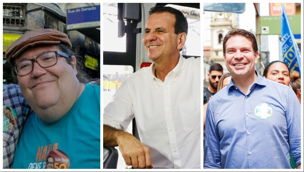 Tarcísio Motta, Eduardo Paes e Alexandre Ramagem, candidatos à prefeitura do Rio de Janeiro