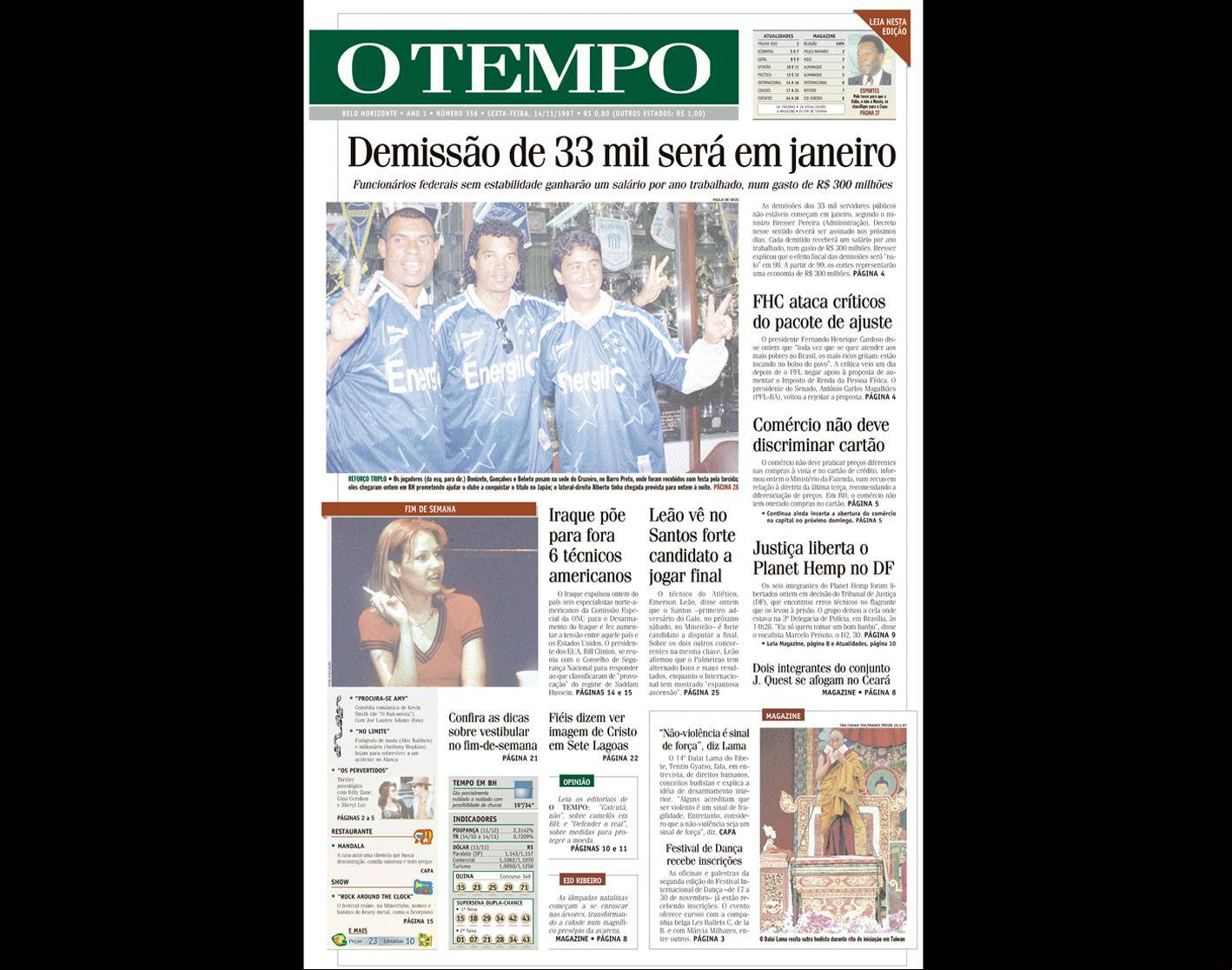 ALT Capa do jornal O TEMPO no dia 14111997; resgate do acervo marca as comemorações dos 25 anos da publicação