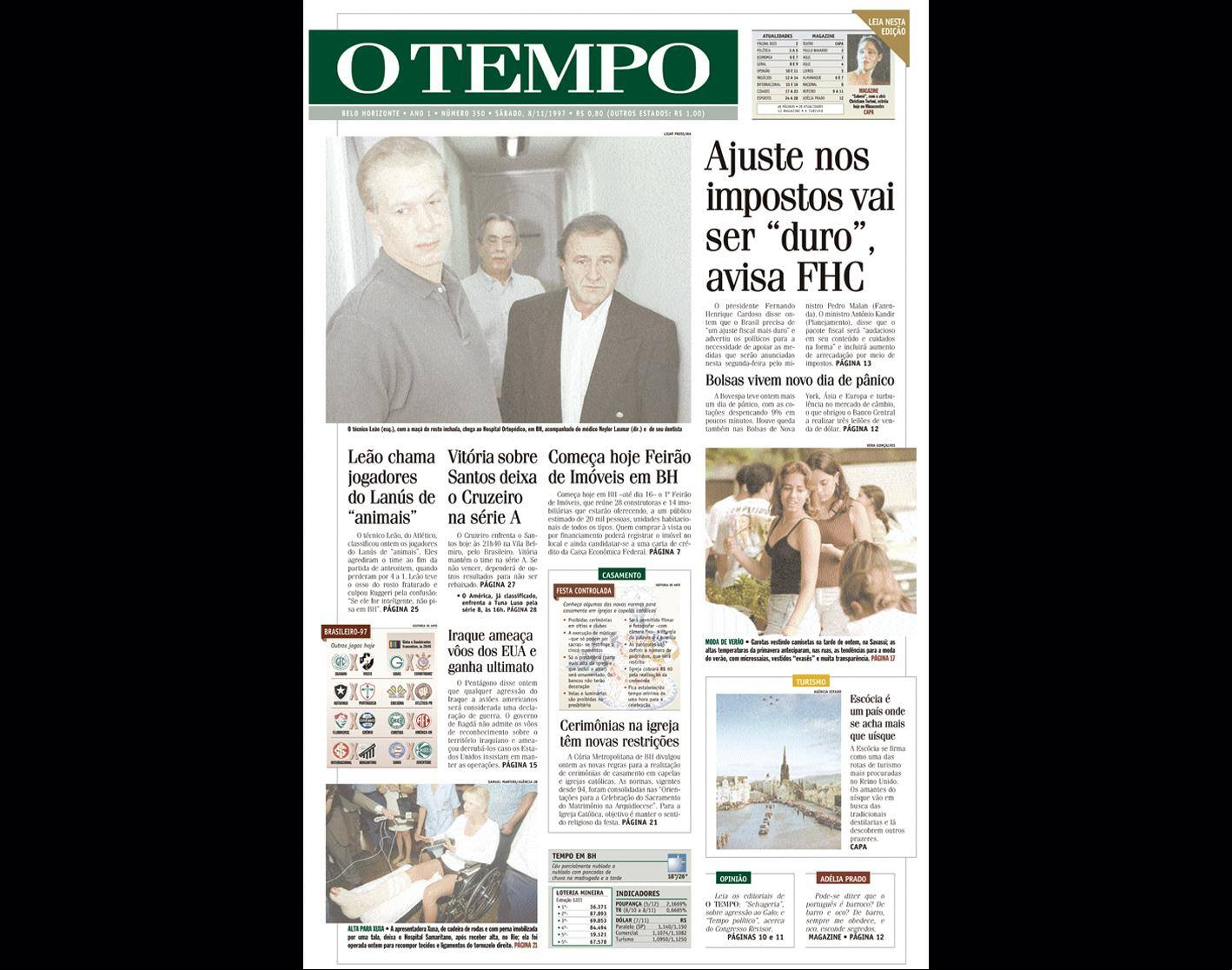 Capa do jornal O TEMPO no dia 8111997; resgate do acervo marca as comemorações dos 25 anos da publicação